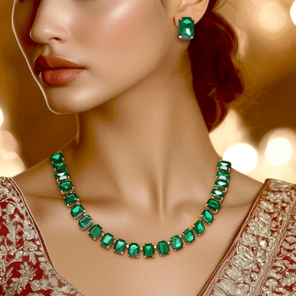 Fioré - Single-Line Emerald Necklace Set With Earrings (Anti-Tarnish)