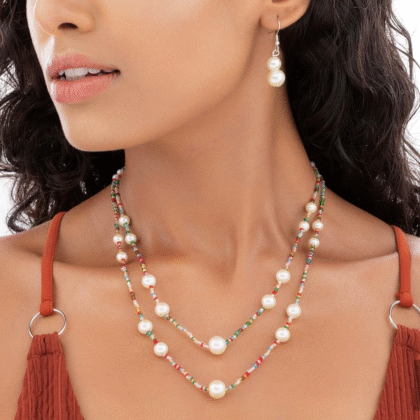 Fioré - Exquisite Double Layer Bead & Pearl Necklace Set With Earrings