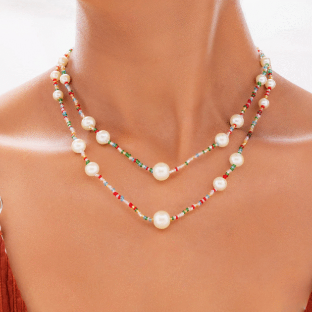 Fioré - Exquisite Double Layer Bead & Pearl Necklace Set With Earrings - Image 3