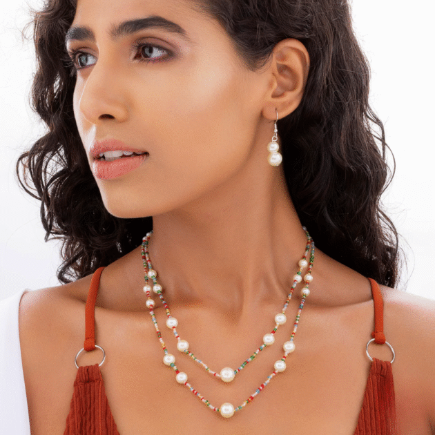 Fioré - Exquisite Double Layer Bead & Pearl Necklace Set With Earrings - Image 2