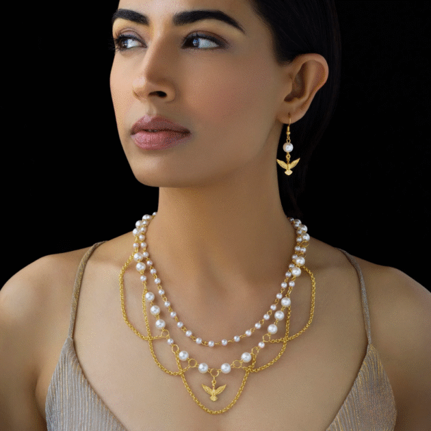 Fioré - Pearls & Bird Necklace Set With Earrings (Anti-Tarnish)
