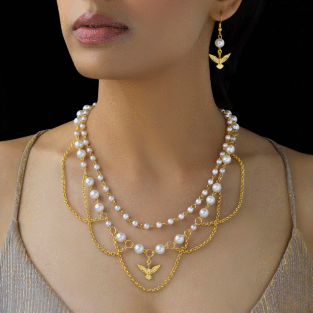 Fioré - Pearls & Bird Necklace Set With Earrings (Anti-Tarnish) - Image 2