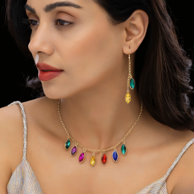 Fioré - Multicoloured Crystal Necklace Set With Earrings (Anti-Tarnish)