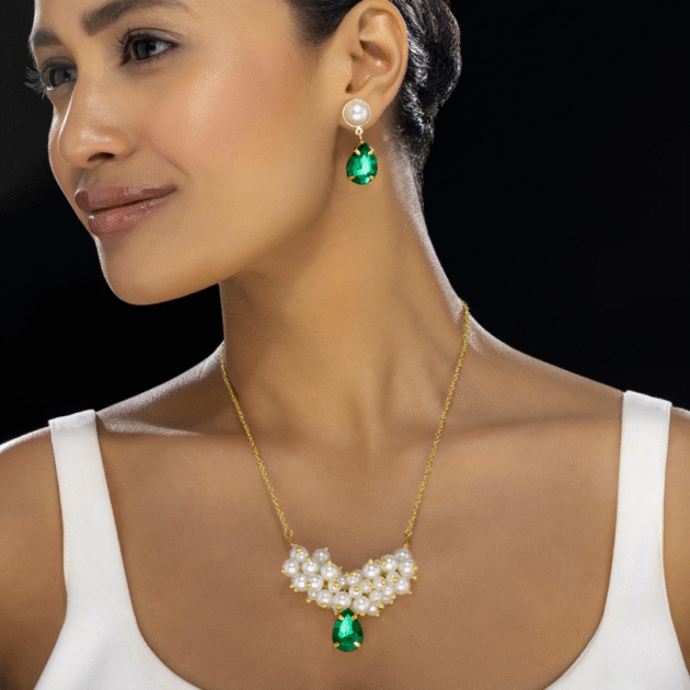 Fioré - Pearl & Crystal Necklace Set With Earrings (Anti-Tarnish)