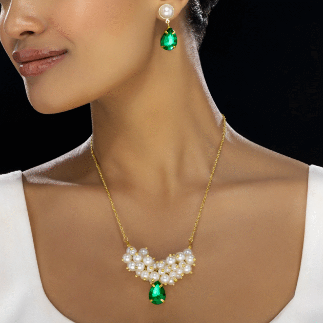 Fioré - Pearl & Crystal Necklace Set With Earrings (Anti-Tarnish) - Image 2
