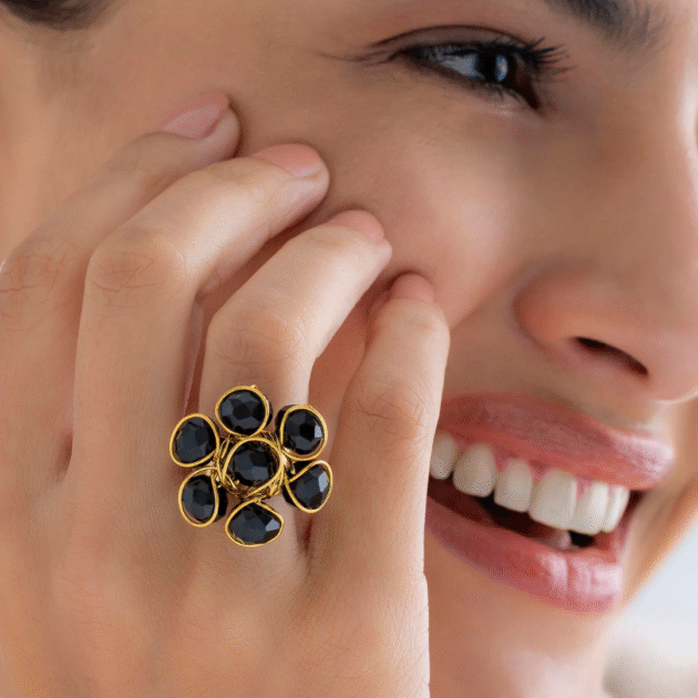 Fioré - Alluring Black Crystal Cocktail Ring (Adjustable Size & Anti-Tarnish)