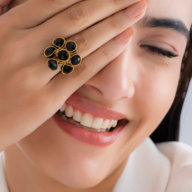 Fioré - Alluring Black Crystal Cocktail Ring (Adjustable Size & Anti-Tarnish) - Image 4