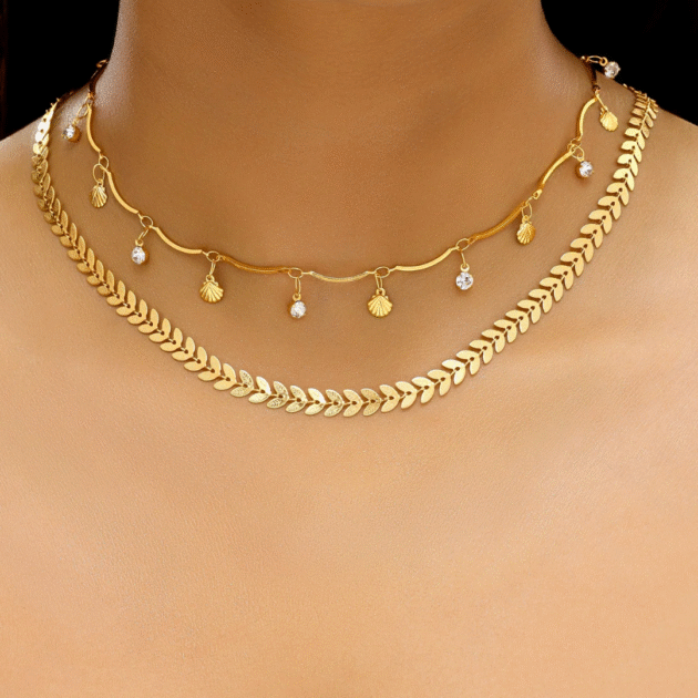 Fioré - Double Layer Chevron Chain with Shell Charms (Anti-Tarnish) - Image 2