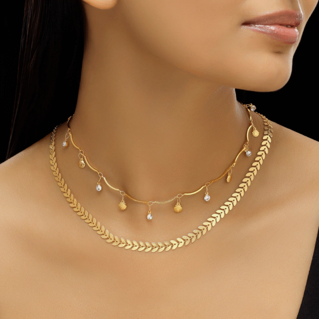 Fioré - Double Layer Chevron Chain with Shell Charms (Anti-Tarnish)