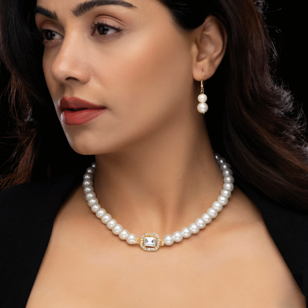 Fioré - Crystal Pearl Necklace Set With Earrings (Anti-Tarnish)